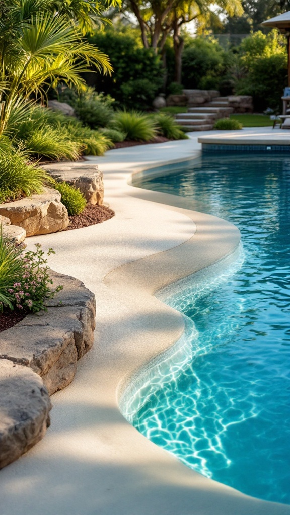 A scenic pool area with gentle curves and surrounding greenery.