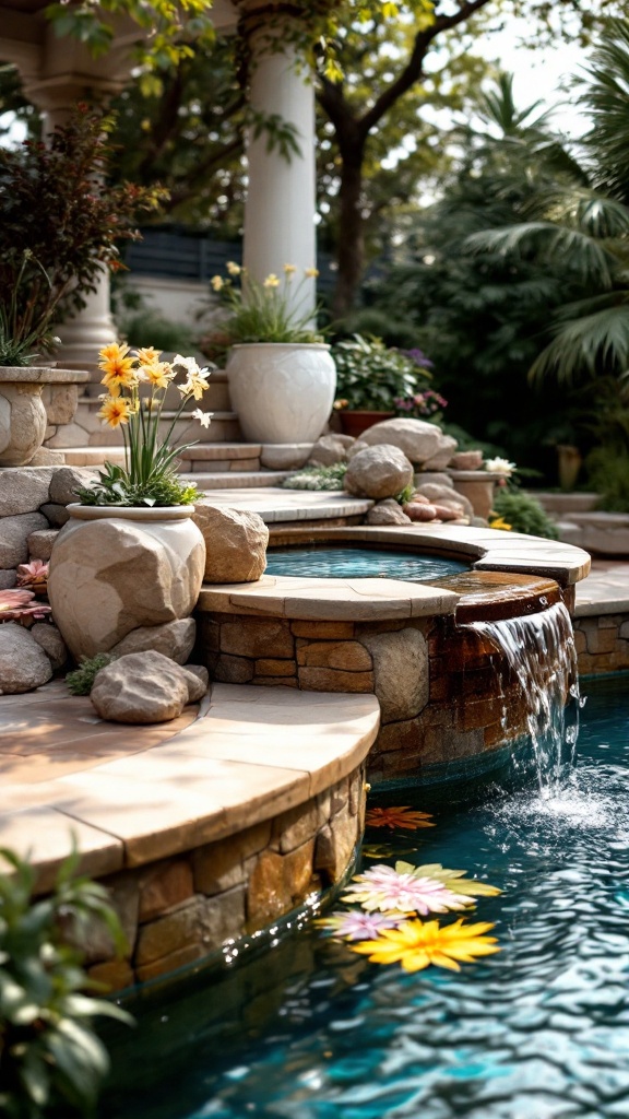 A serene backyard with a stone water feature, flowers, and lush greenery.