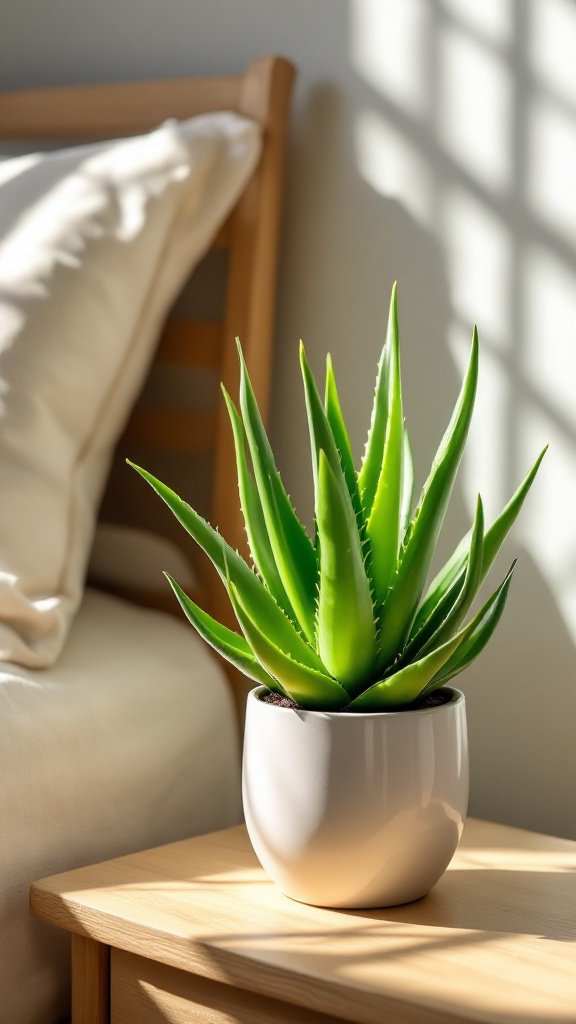 Aloe vera plant in a white pot on a wooden table, with sunlight casting shadows.