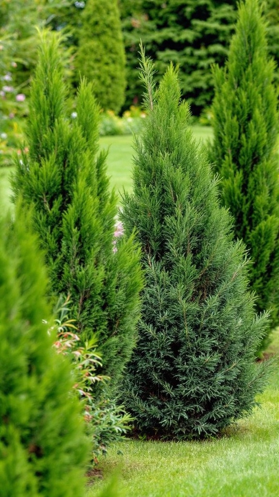 A variety of lush green arborvitae trees in a garden setting.