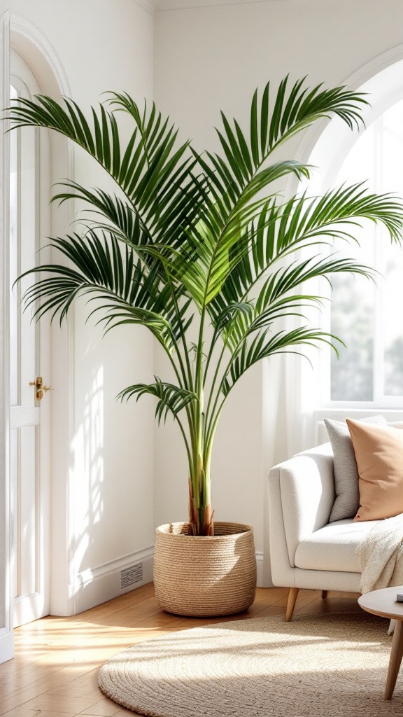 Indoor Areca Palm plant in a stylish pot next to a comfortable sofa.