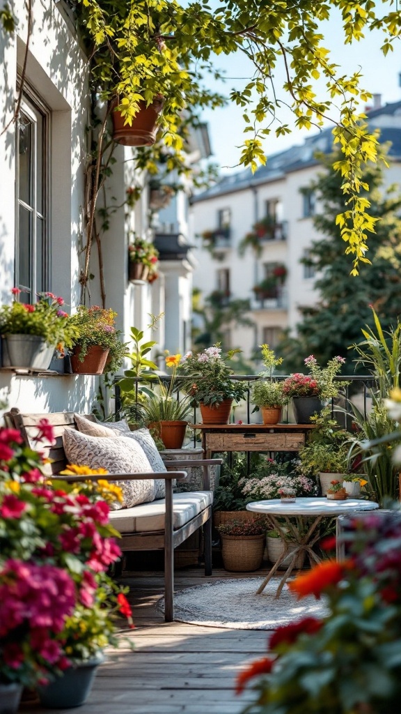 Cozy balcony garden with a bench and various planters filled with flowers.