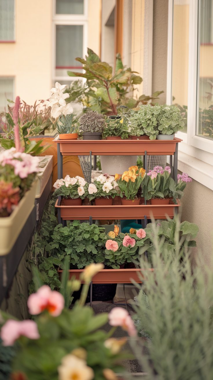 A balcony with tiered plant stands filled with colorful flowers and greenery.