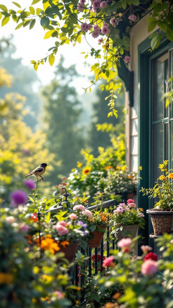 A vibrant balcony garden with colorful flowers and a bird perched on the railing.