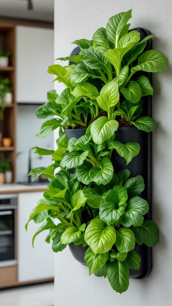 Fresh bok choy growing in wall planters in a modern kitchen