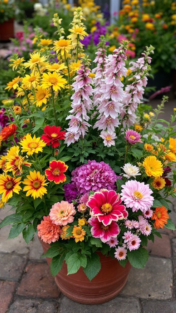 A vibrant arrangement of various colorful perennial flowers in a pot.