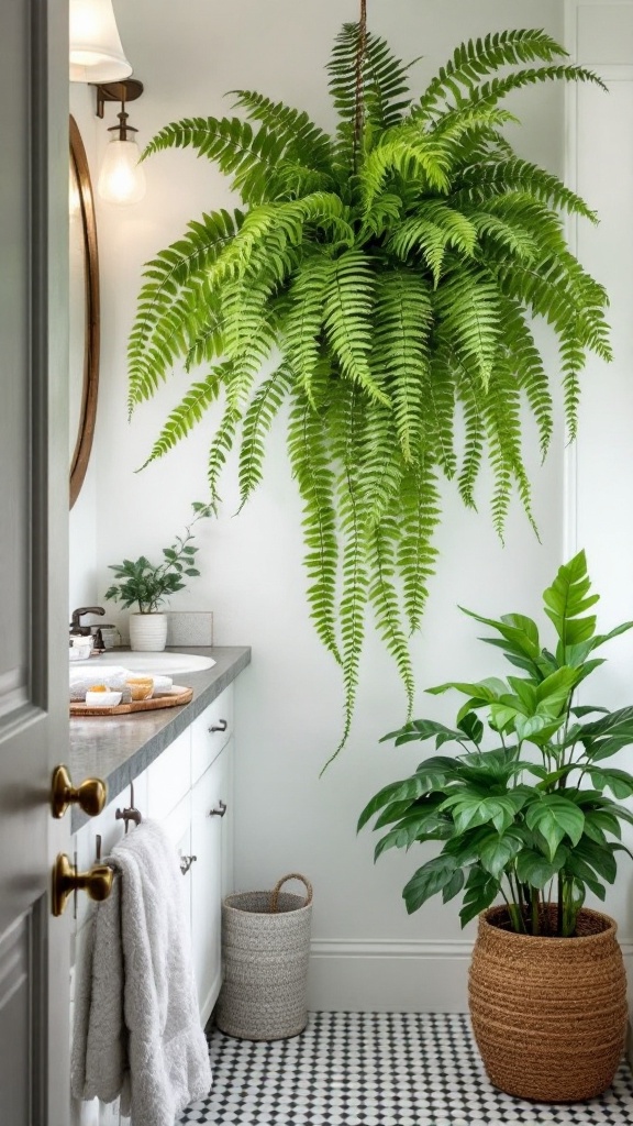 A Boston fern hanging in a bright bathroom