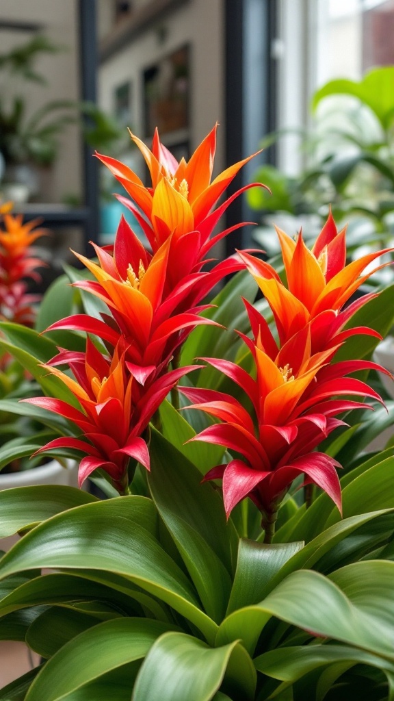 Vibrant bromeliad plants with red and orange flowers in a bright indoor setting.