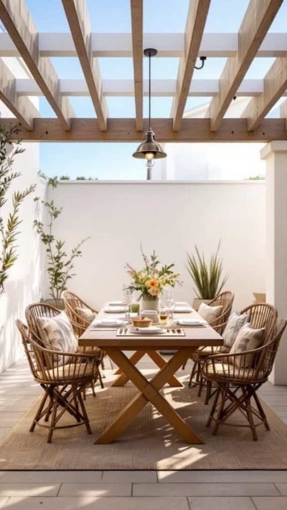 An inviting outdoor dining area with a wooden table, chairs, and decorative plants.