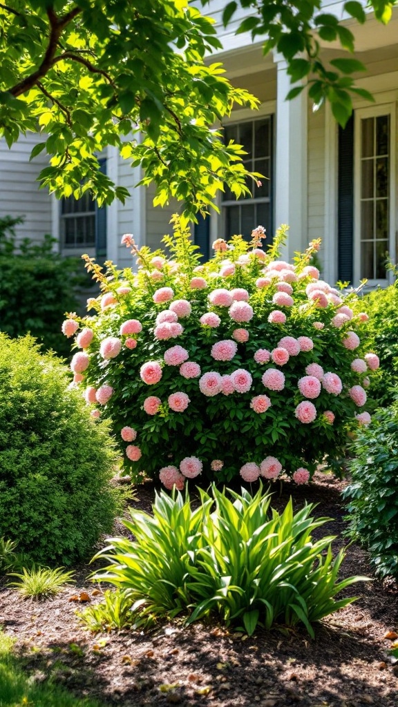 A beautiful bush with pink flowers surrounded by green plants in a shaded area.