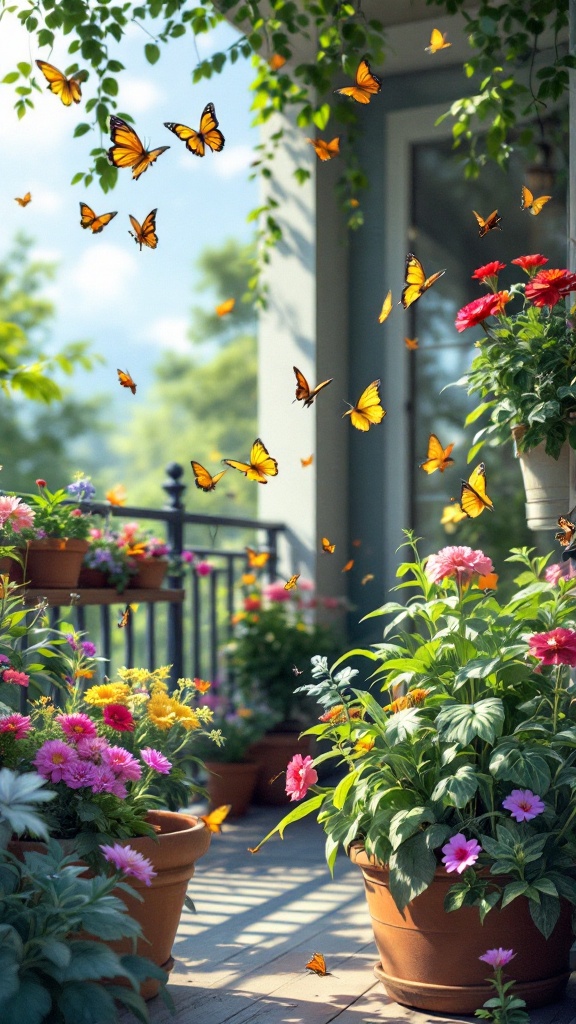 A balcony garden with colorful flowers and butterflies flying around.