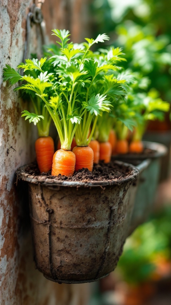 Vertical farming setup with growing carrots in small containers.