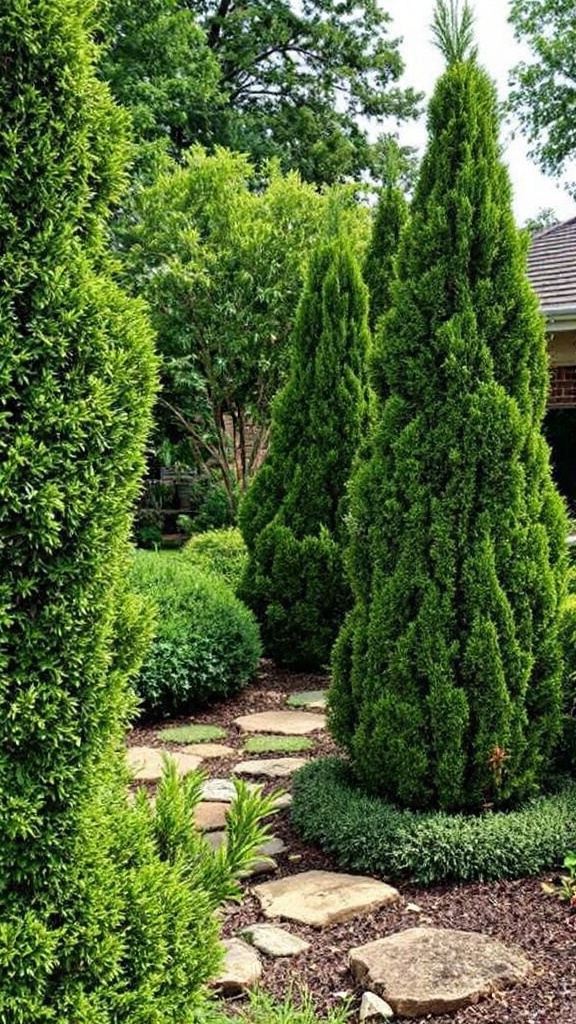 Lush green Chamaecyparis trees along a stone pathway in a garden.