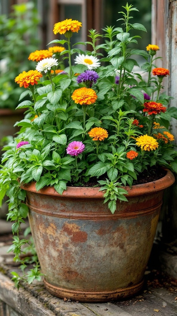 Colorful mix of flowers in a pot with herbs