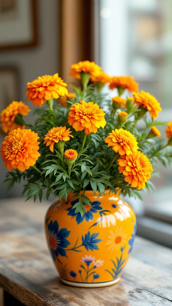 A vibrant bouquet of marigolds in a decorative vase on a wooden table.