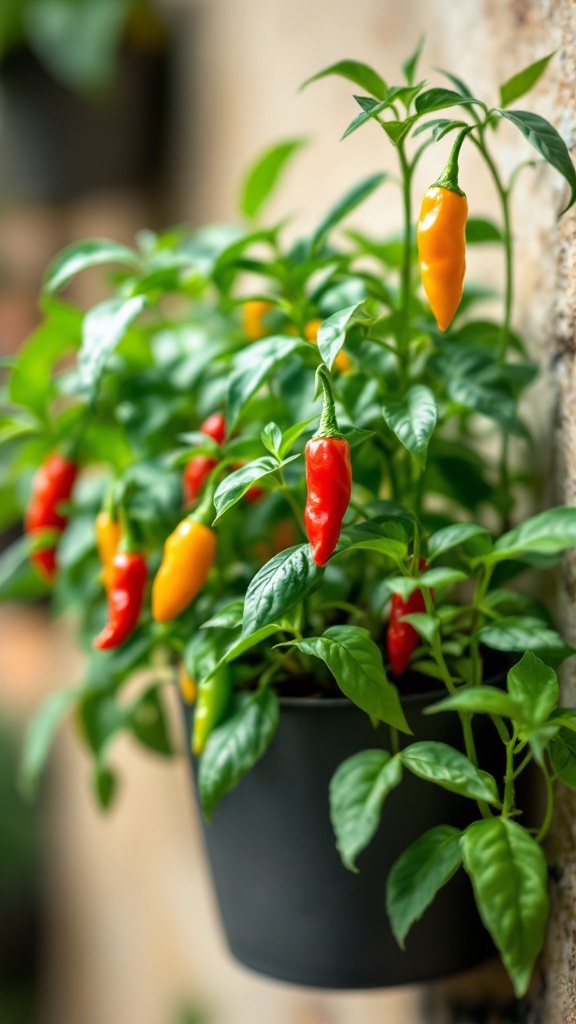 Colorful chili peppers growing in a pot