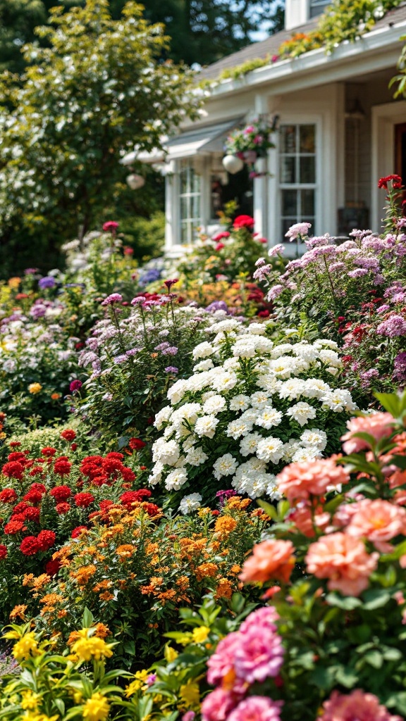 Vibrant flower garden in front of a house with various colored blooms and lush greenery.