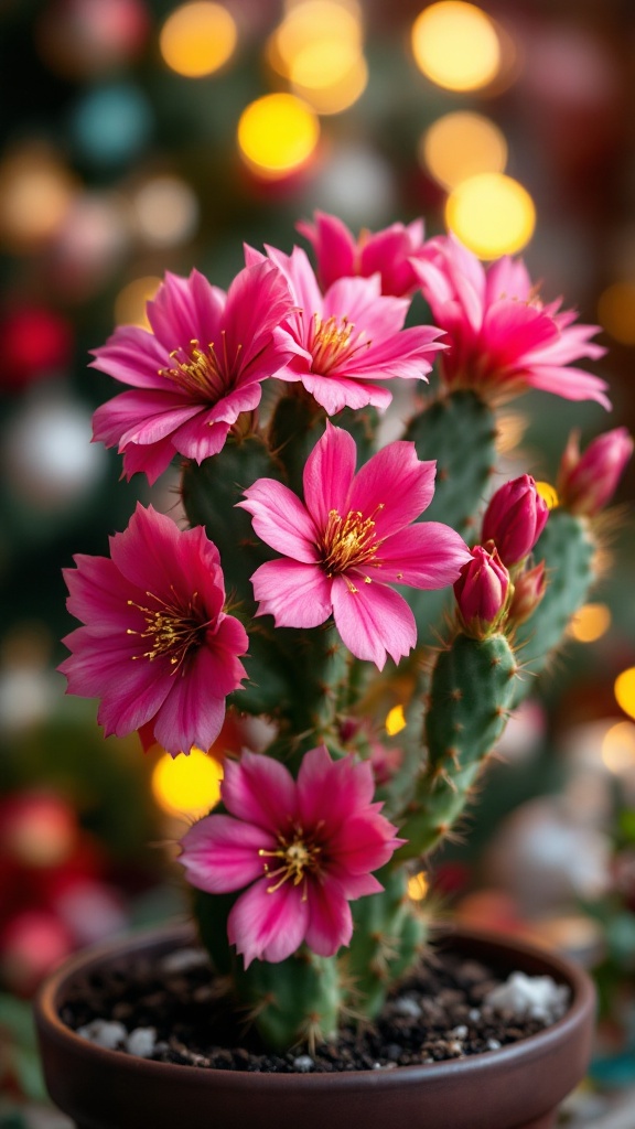 A vibrant pink Christmas cactus with flowers in a pot, set against a blurred background of holiday lights.