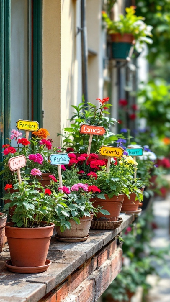 Colorful plant labels in a small balcony garden with various flowers.