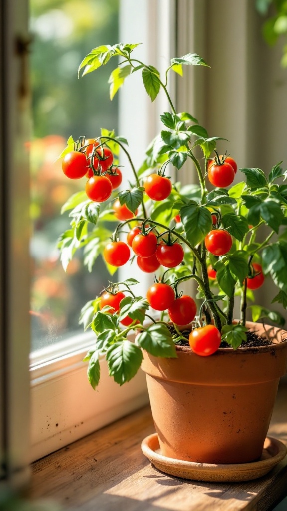 A small tomato plant with ripe red tomatoes on a windowsill.