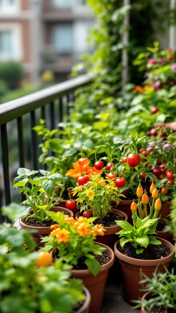 A vibrant container garden with tomatoes, flowers, and leafy greens on a balcony.