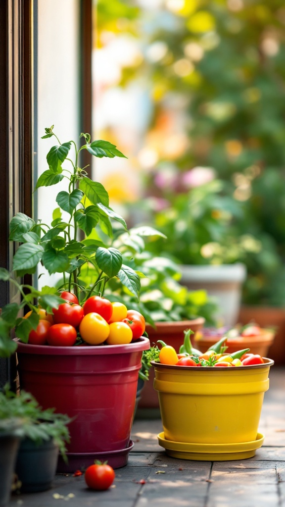 Colorful pots with tomatoes and peppers on a balcony