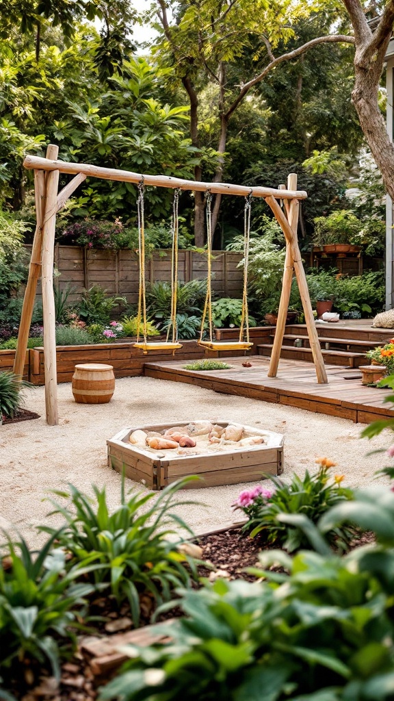 A backyard play area with a swing set and sandpit surrounded by greenery.