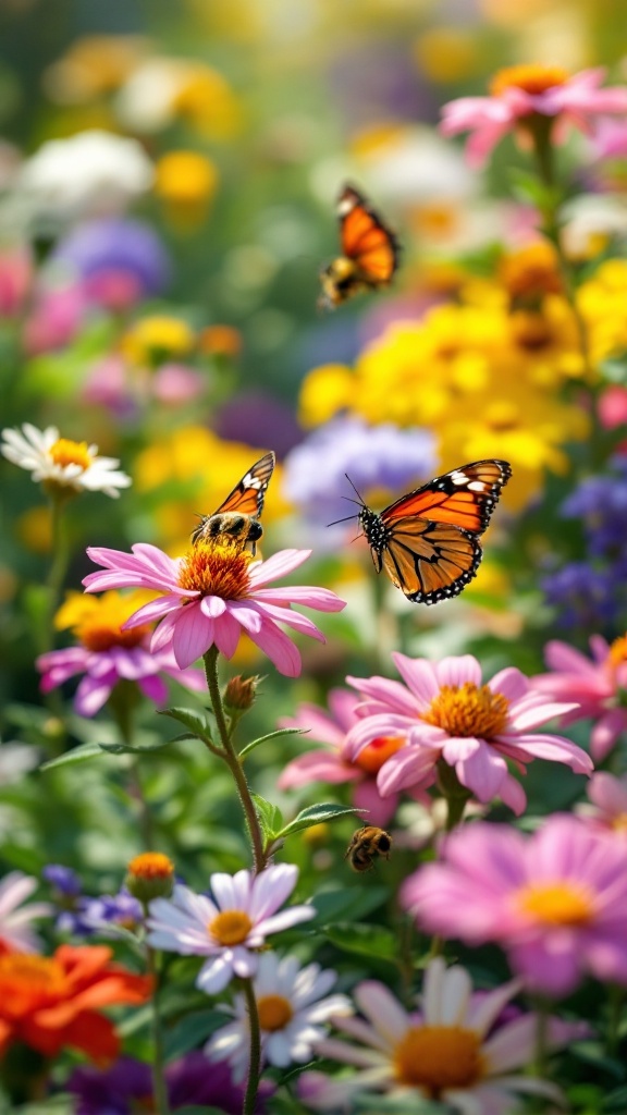 A vibrant garden filled with colorful flowers and butterflies, showcasing a pollinator-friendly environment.