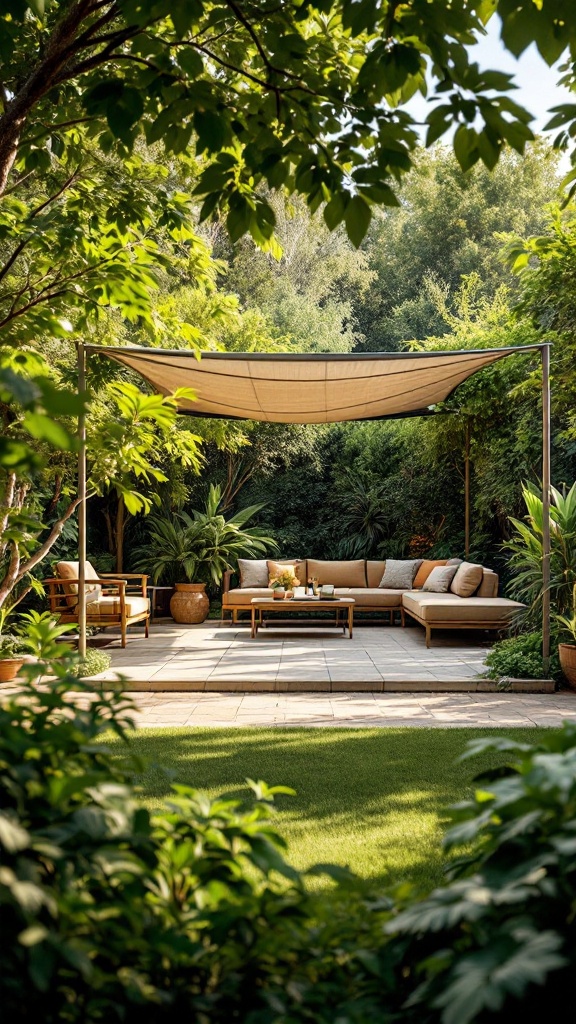 A shaded outdoor area with a canopy, featuring comfortable seating in a lush garden.