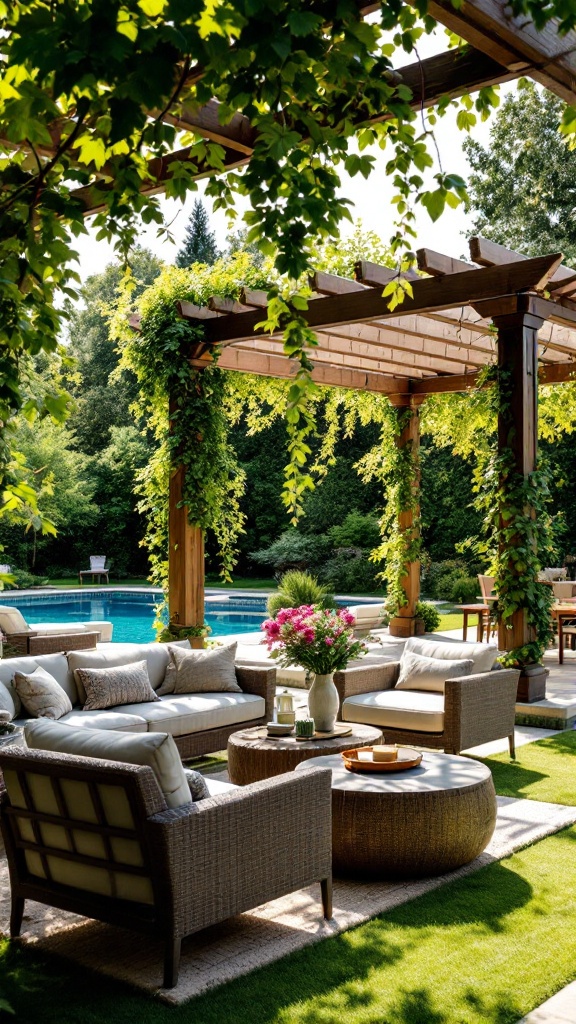 A beautiful outdoor seating area with a pergola covered in green vines, a pool in the background.