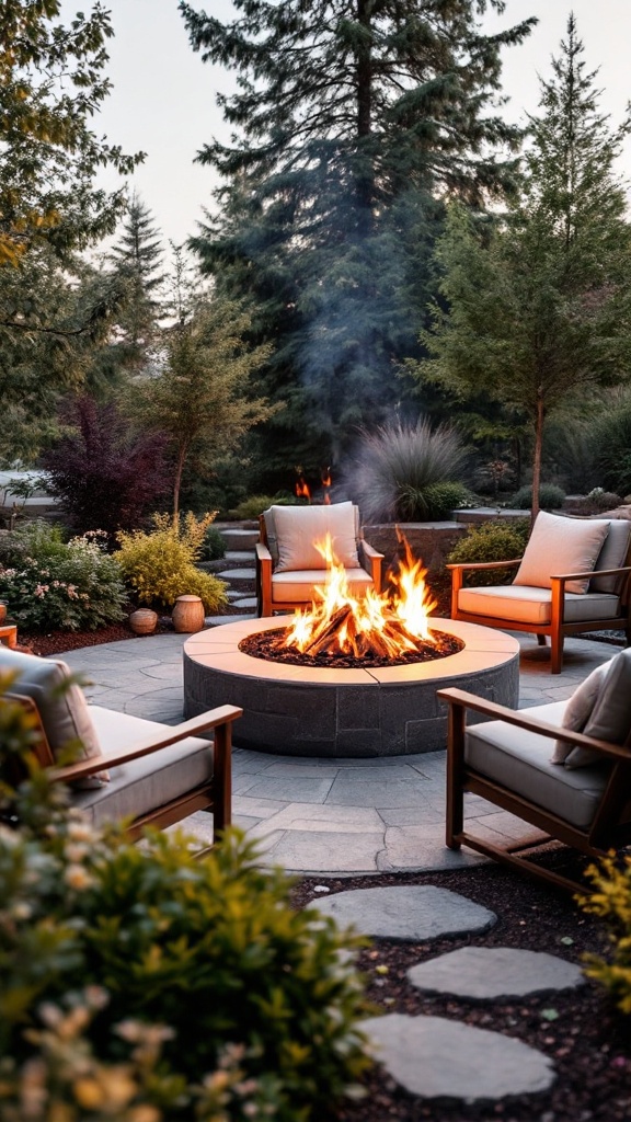 A beautiful fire pit surrounded by comfortable chairs and greenery in a serene outdoor setting.