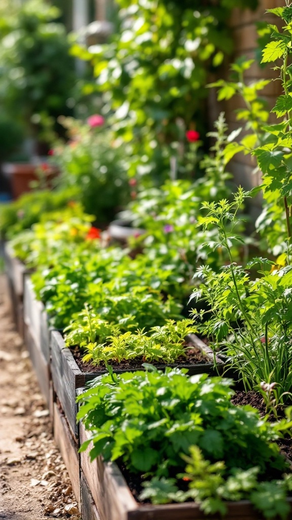 A vibrant kitchen garden with various herbs and plants in raised wooden beds.