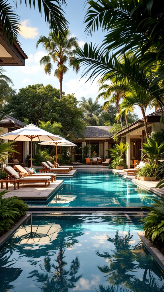 A luxurious poolside area with lounge chairs, umbrellas, and tropical plants.