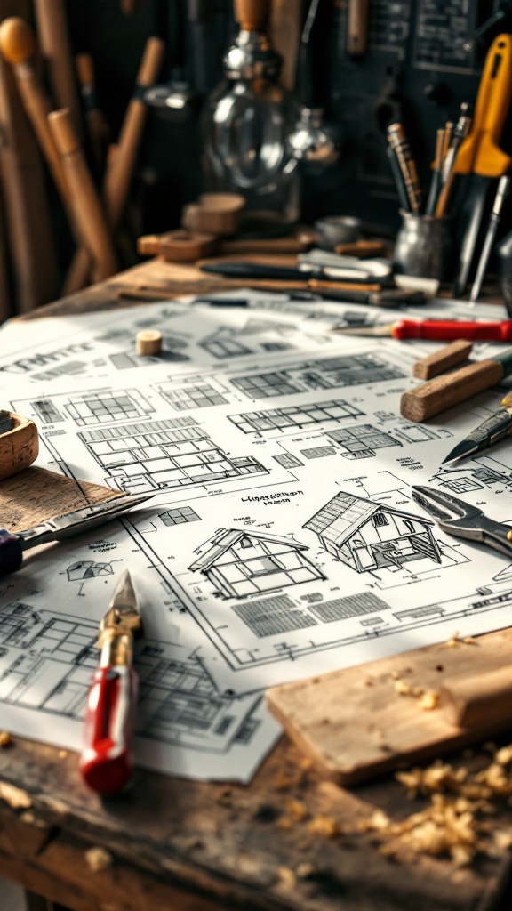 Blueprints and tools laid out on a table for building a chicken house.