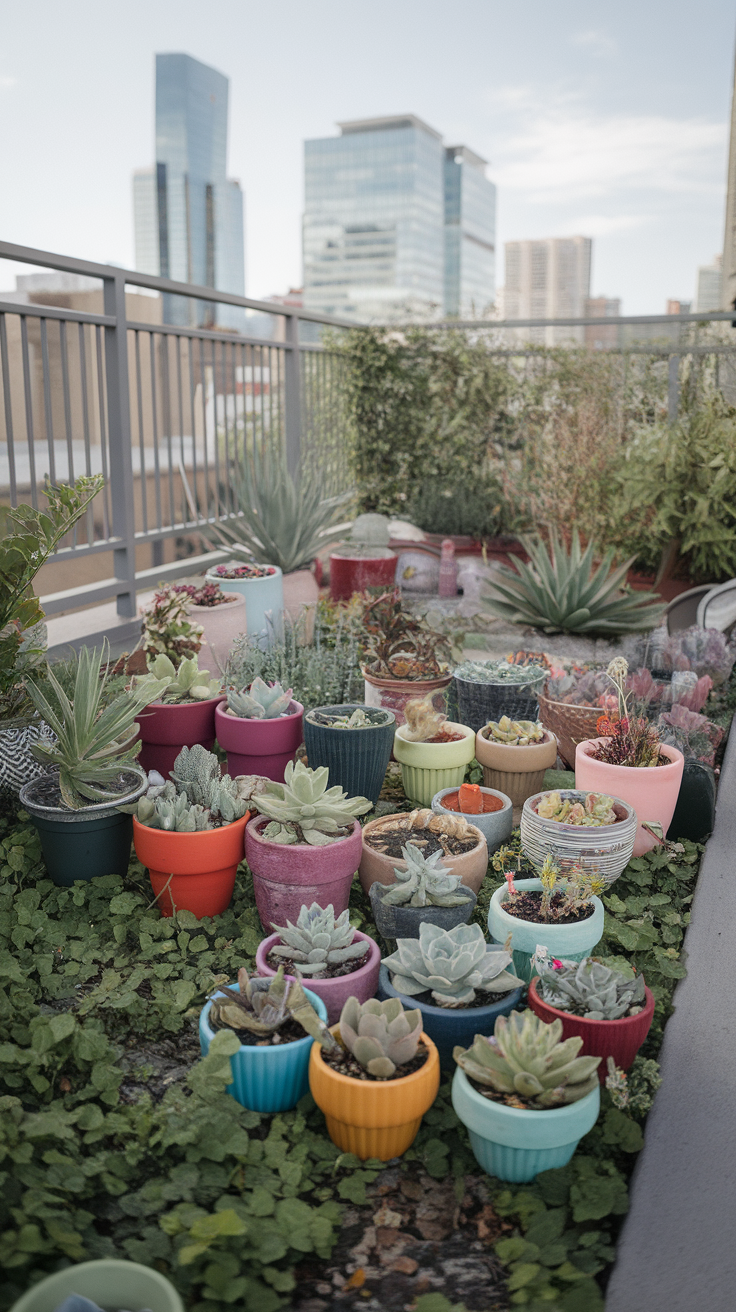 Colorful pots with various drought-resistant plants arranged on a rooftop garden.