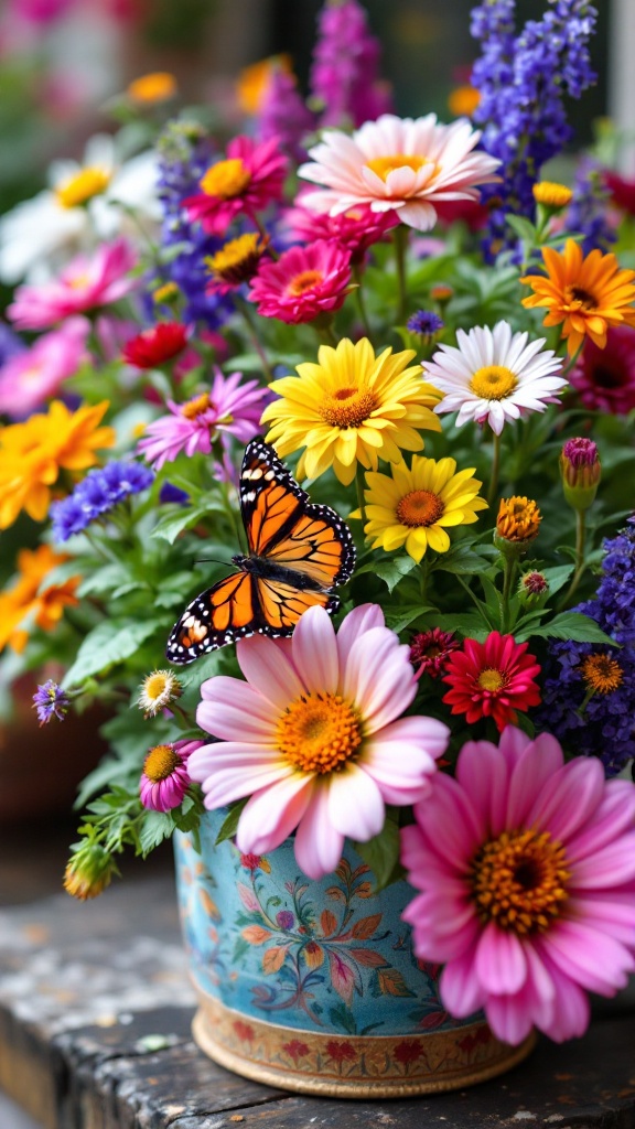 A vibrant mix of annual flowers in a decorative pot with a butterfly.