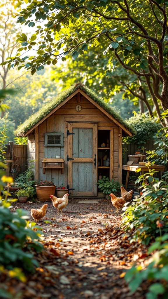 A charming eco-friendly chicken coop surrounded by greenery with chickens walking nearby.