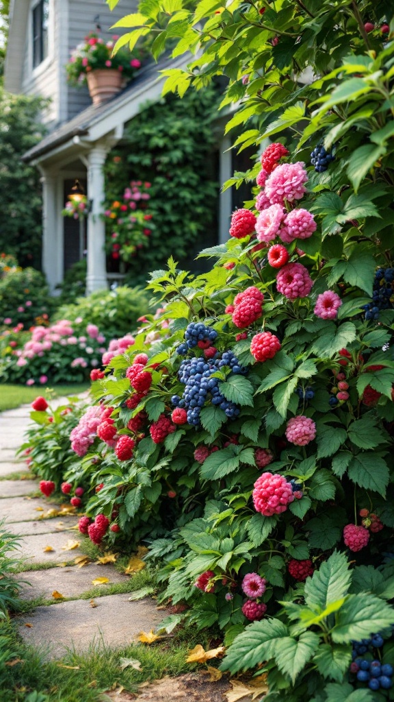 A pathway lined with colorful raspberry and blueberry bushes in a residential garden.