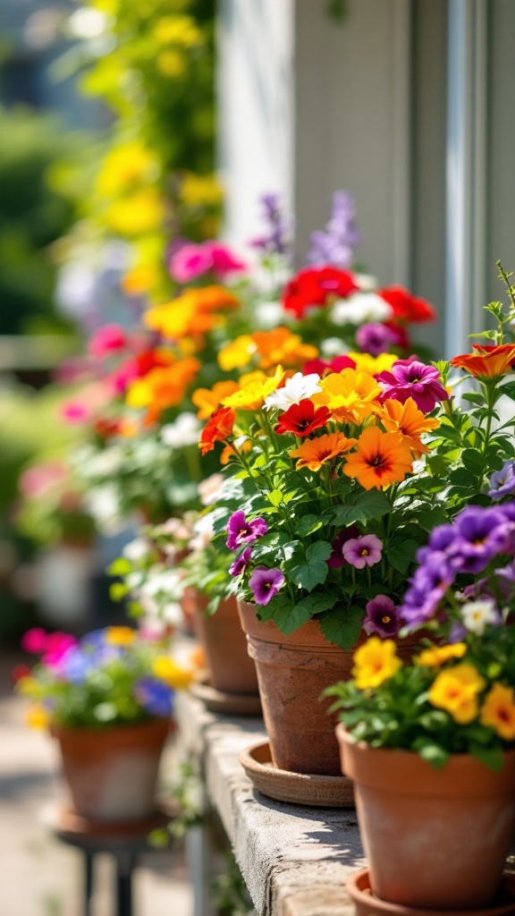 Colorful pots filled with blooming edible flowers on a balcony.