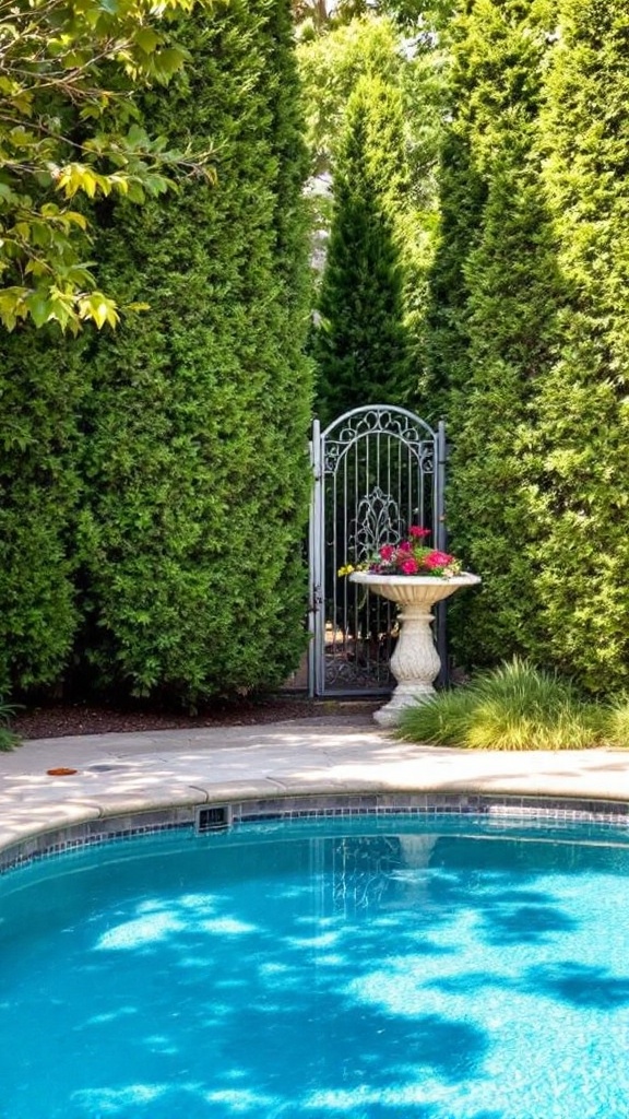 A private backyard with tall hedges surrounding a pool and a decorative gate.