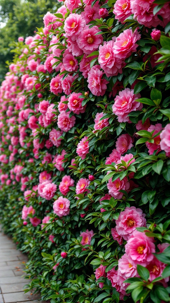 A vibrant display of pink camellia flowers blooming on a dense green hedge.