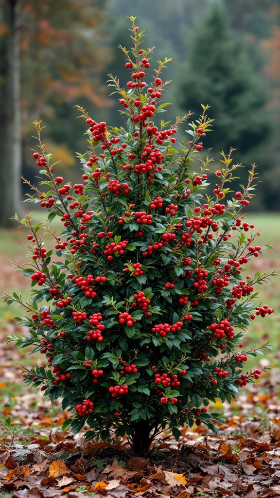 A bushy holly plant with bright red berries surrounded by fallen leaves in a woodland setting.