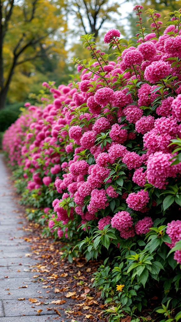 Vibrant pink blooming Viburnum shrubs lining a path with fallen leaves.