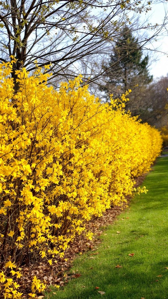 Vibrant yellow forsythia bushes create a colorful natural fence.