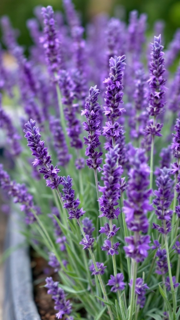 A close-up of blooming lavender flowers in a garden.