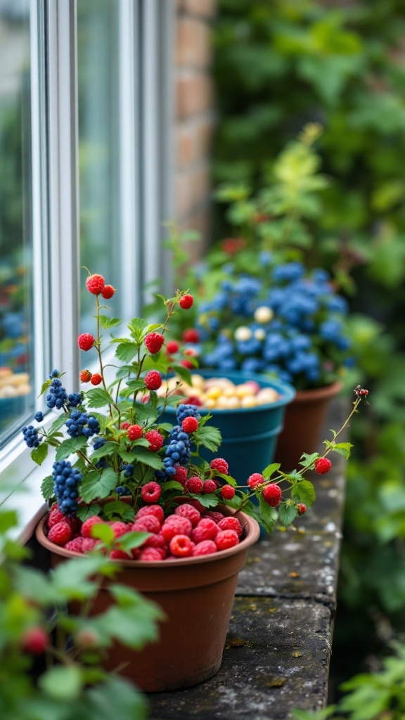 Containers with colorful fruit bushes on a balcony.