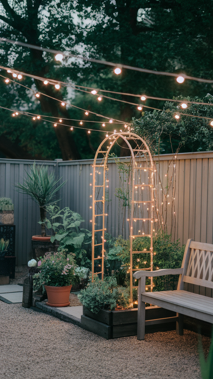 A beautifully lit garden with string lights and a wooden trellis surrounded by plants.