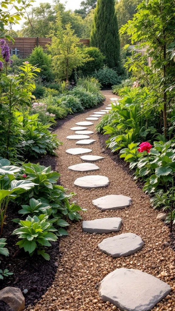 A winding garden pathway made of stone stepping stones, surrounded by lush greenery and flowers.