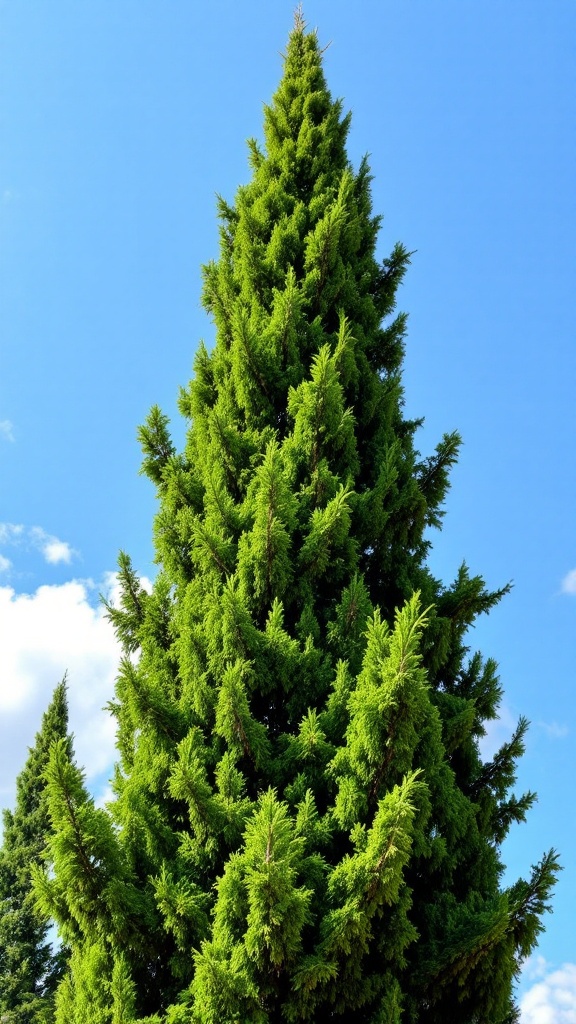 Tall and lush Green Giant Thuja tree against a blue sky