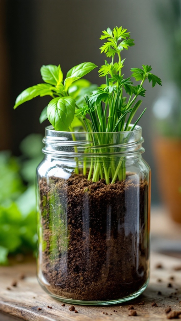 A jar containing fresh basil and parsley plants growing in soil.